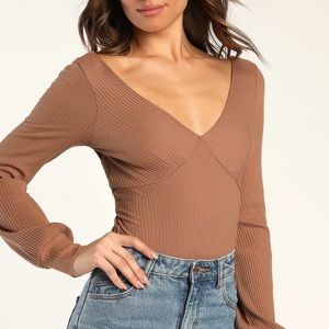 Cutie Vibes Taupe Ribbed Long Sleeve Tie-Back Bodysuit